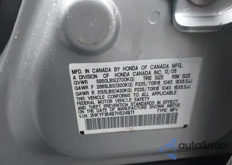 2007 Honda Pilot Ex from USA, damaged, VIN 2HKYF18497H524971